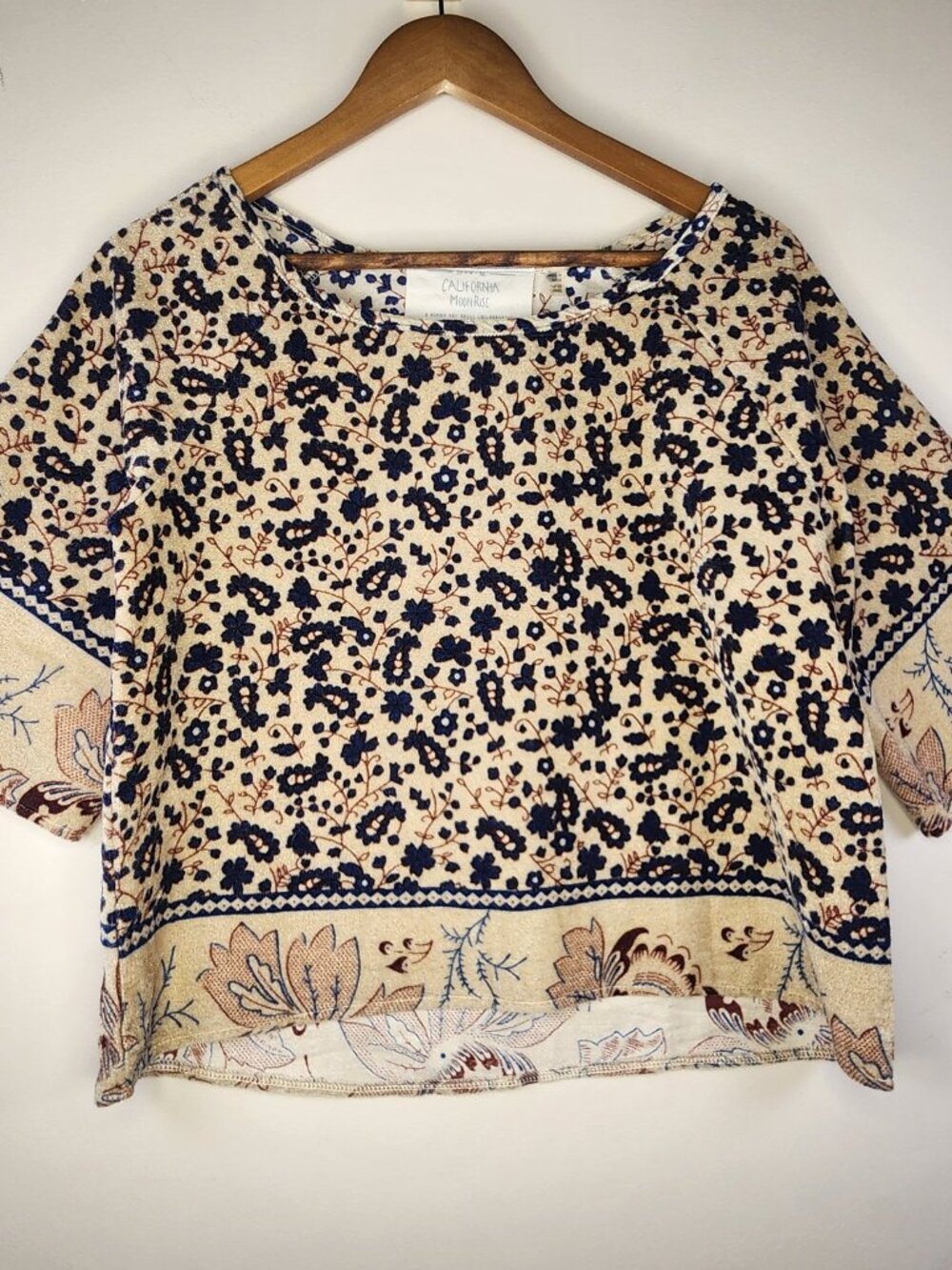 California Moonrise Paisley Crop Blouse — Cream/Navy, S | Boho Nomad Art